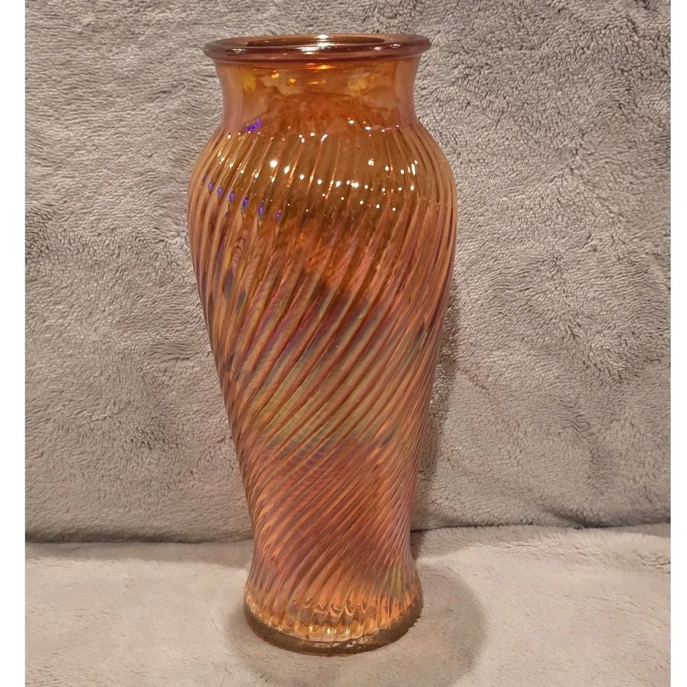 Vintage Marigold Carnival Glass Swirl Optic Iridescent Vase Orange 7.5 inch